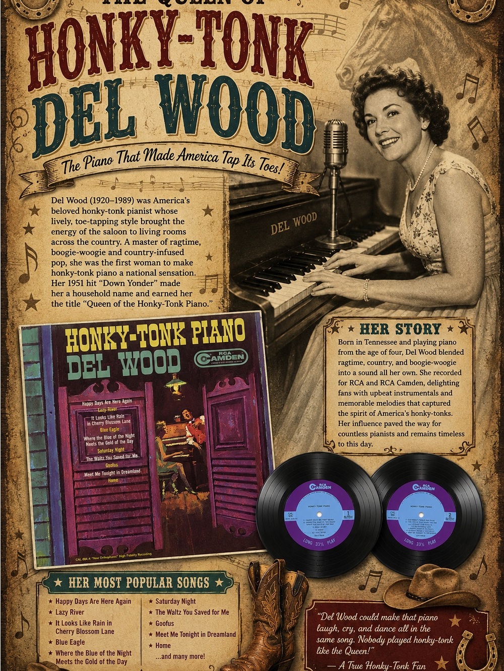 Any 3 for $50-Honky-Tonk Del Wood Vintage Music Poster with Vinyl Records.